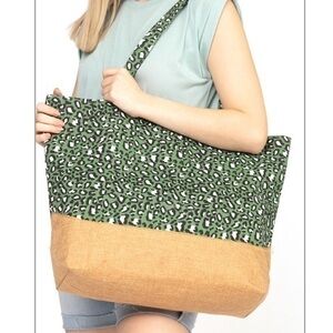 BOHO BOUTIQUE JUTE TOTE BAG Olive Leopard Tote Bag NEW